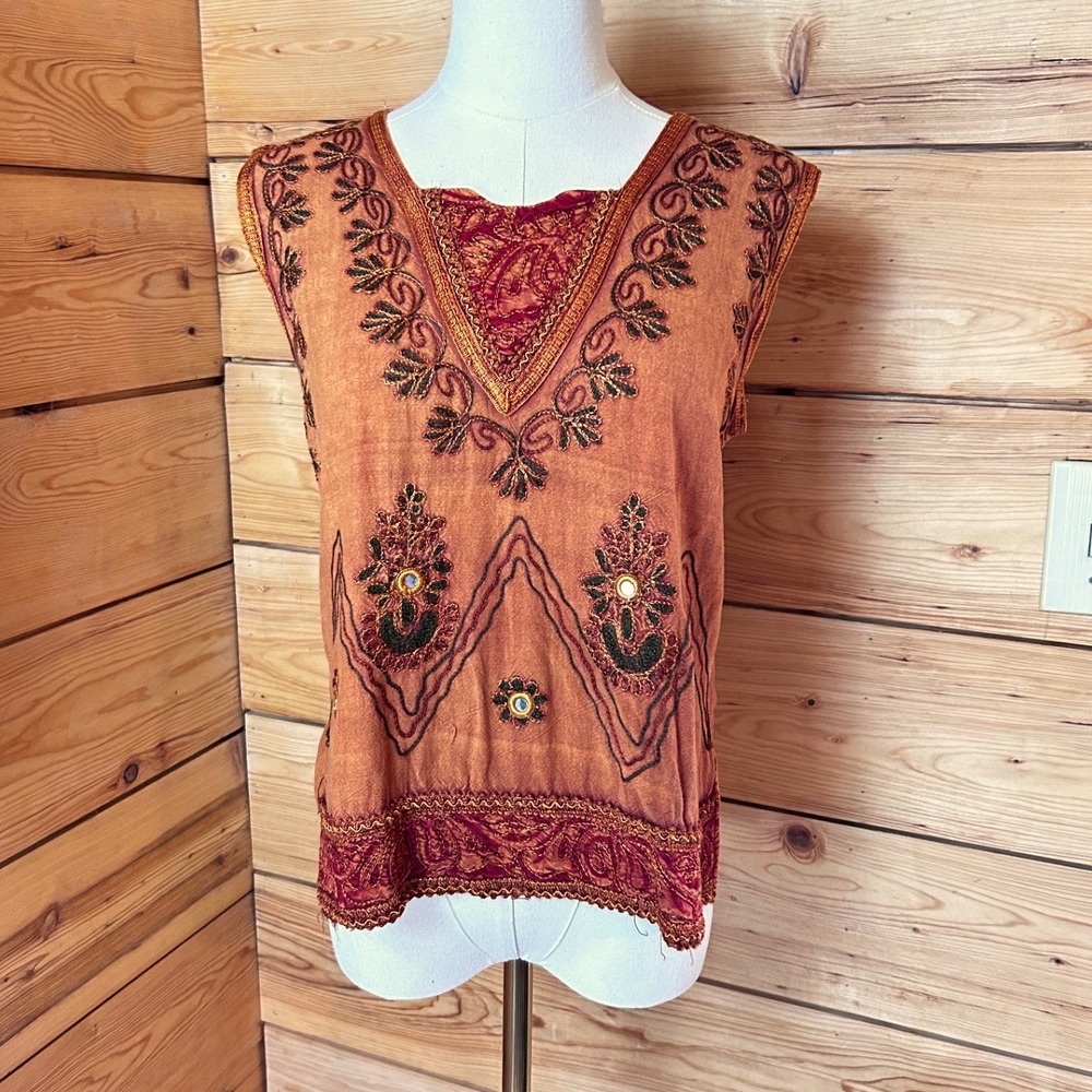 Vintage Embroidered Boho Tank Top Size Large Burnt Orange Handmade Mirror Detail